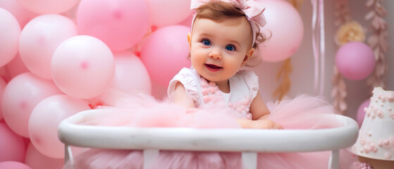 Fototapeta premium Little girl celebrating her first birthday with balloons