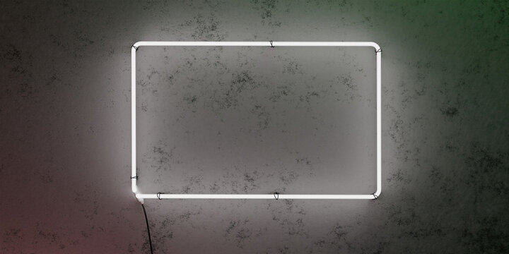 Neon rounded parallelogram frame tube with shining effects on dark background. Empty glowing techno backdrop. 3d illustration.
