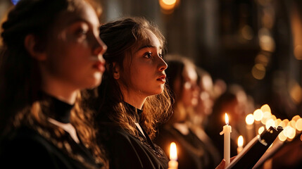 Choral Mourning in Cathedral:  A choral performance in a cathedral, expressing the mourning and reflection associated with Good Friday - obrazy, fototapety, plakaty