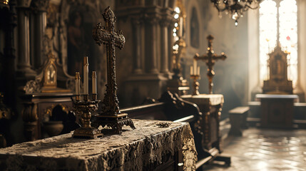 Veiled Cross and Altar:  A veiled cross and altar, symbolizing the solemnity and mourning observed on Good Friday - obrazy, fototapety, plakaty