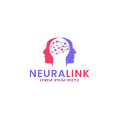Brainstorm Neuron Intelligence Logo Template Vector Icon Illustration, Silhouette of Two People’s Faces Overlapping With a Symbol of Intelligence.