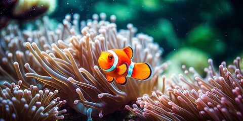 an orange clown fish in an anemone sea anemone
