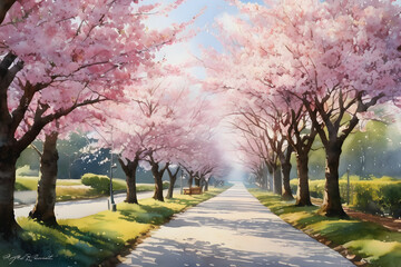 A landscape of cherry blossoms in watercolors. Generative AI