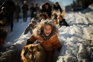 Portrait of a joyful girl and a dog going down a hill in the snow.