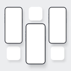 Mobile Phone Screens With Blank App Icons For Application Designs Showcase. Vector Illustration