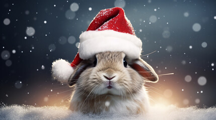 New Year's cute rabbit in Santa's hat.