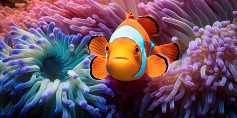 Fototapeta na wymiar an orange clown fish in an anemone sea anemone