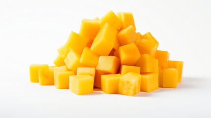 a isolated papaya cubes on a clean white canvas, capturing the vibrant orange and yellow hues of this tropical fruit.