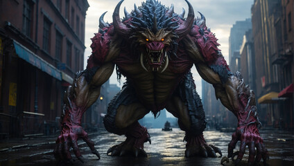 A huge monster wanders through the city. - obrazy, fototapety, plakaty