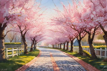 A landscape of cherry blossoms in watercolors. Generative AI