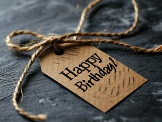 Rustic happy birthday tag hanging from a string