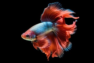 Fototapeta premium Beautiful movement of red betta fish, The moving moment beautiful of Siamese Fighting fish, Rhythmic of Betta fish isolated on black background. ai generative