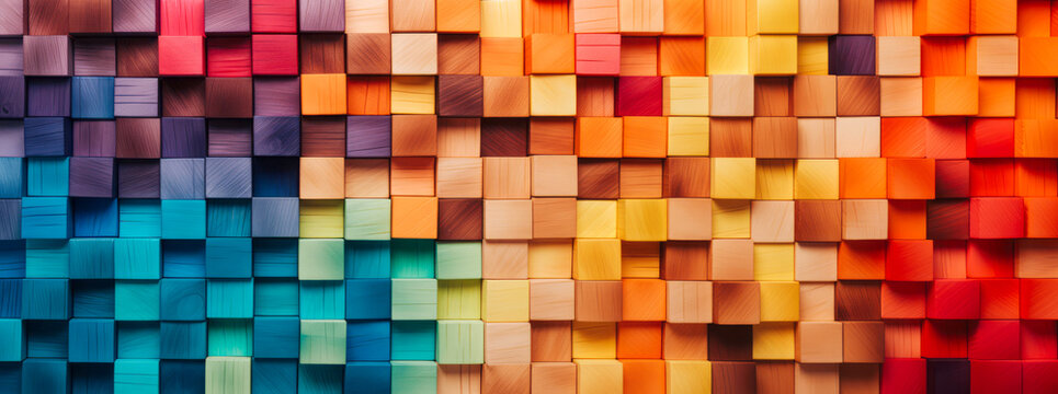 Colorful background of wooden blocks with a harmonious spectrum of diverse colors. This attractive backdrop can serve as an excellent frame for creative and diverse projects.