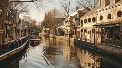 A charming canal winding through a historic district, its waters reflecting the quaint buildings adorned with wreaths, as a boat glides silently through the serene winter scene