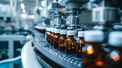 
Medical vials on the production line in a pharmaceutical factory - a symbol of an efficient manufacturing process ensuring the safety and quality of pharmaceutical products. - obrazy, fototapety, plakaty