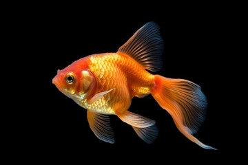 Goldfish in fresh water aquarium, swim in the dark background. ai generative