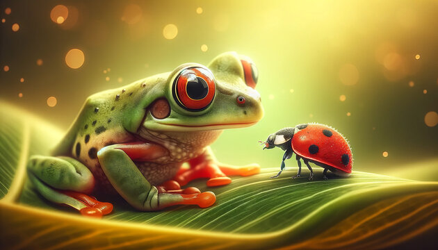 A frog looking at a ladybug, perfect for nature and macro photography themes, depicted in a whimsical, animated art style.