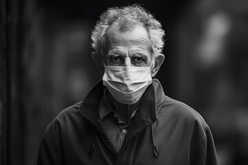 Gray scale Photo of an Elderly Man Wearing a Face Mask 