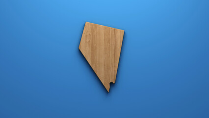 Natural Wooden Nevada Map Logo - A Carved Wood Silhouette of Nevada State on a Crisp Blue Background Evoking Rustic Charm and Authenticity. 3D style illustration