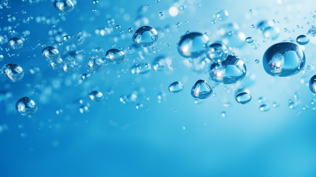 close-up of water waves and bubbles on a blue background.