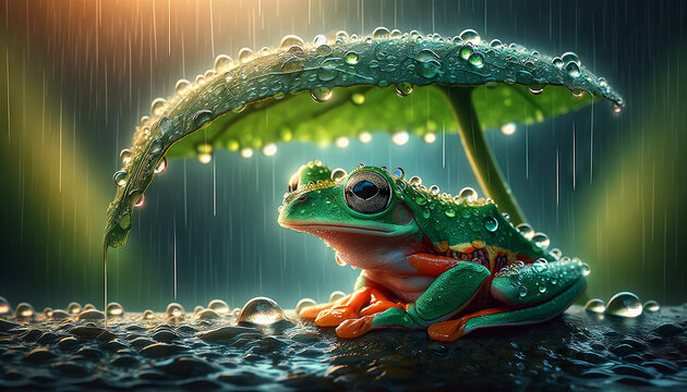A frog with raindrops on its skin, sitting under a leaf during a rain shower, depicted in a whimsical, animated art style.