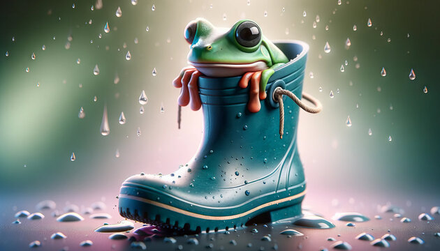 A playful image of a frog peeking out of a rain boot, depicted in a whimsical, animated art style.