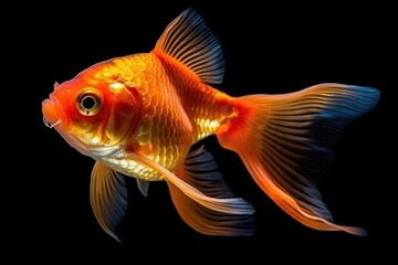 Goldfish in fresh water aquarium, swim in the dark background. ai generative