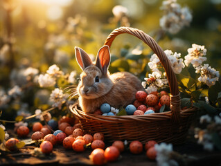 Fototapeta na wymiar Cute rabbit with a basket of eggs on a green lawn. Easter. AI created.