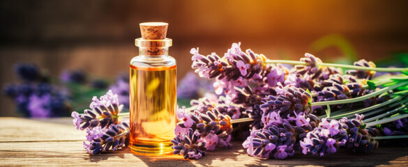Obraz na płótnie Canvas Essential aromatic oil and lavender flowers, natural remedies, aromatherapy. The concept of tranquility, relaxation, and sleep.