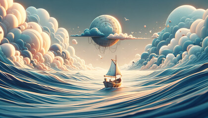 A whimsical animated art style depiction of a small boat adrift in the middle of a vast, empty ocean.