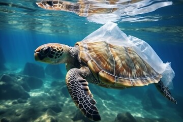 Plastic pollution in marine environmental problems Animals in the sea cannot live ocean sea turtle cover trap in plastic bag environment pollution problem - obrazy, fototapety, plakaty
