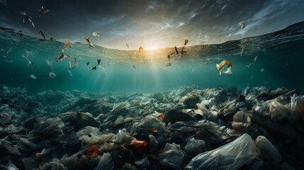 ocean pollution with an image featuring a variety of plastic trash including bags and bottles floating in the sea.This impactful visual captures the environmental challenges posed by plastic waste - obrazy, fototapety, plakaty