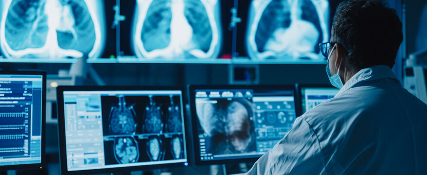 Futuristic medical research or healthcare for lungs with diagnosis and biometrics of vital signs for clinical hospital asthma and respiratory cancer. A doctor in a white coat looks at the monitor.
