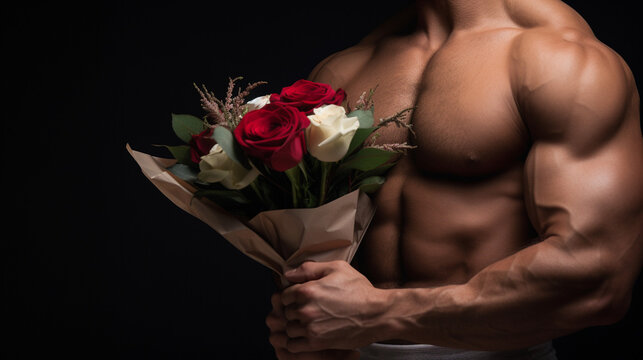 muscular man with a bouquet of flowers in his hands.