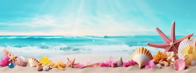 Fototapeta premium summertime beach template background with copyspace sand beach summer season decorating prop with freshness juice drink paper flag and coconut plam tree clear blue sky background