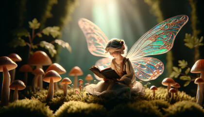 An animated fairy with delicate, translucent wings, engrossed in reading a tiny, intricately detailed book.