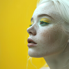 Side view of a beautiful woman with freckles, green eye makeup and white hair. Minimal yellow and white combination.