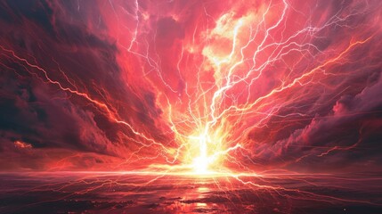 Lightning strikes the ground on a red background