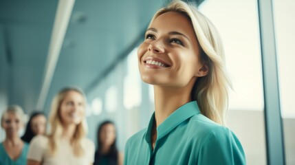 Obraz premium corporate business concept Group of people low angle view modern office,profile view of team corporate businesswoman portrait shot in formal stylish cloth in pastel teal color