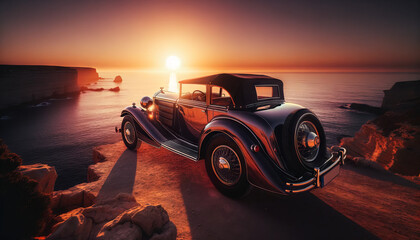 Fototapeta na wymiar A vintage car parked on a cliff overlooking the ocean at sunset.