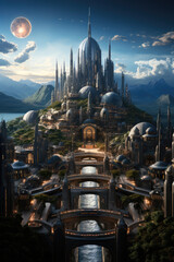 view of the futuristic city from the air