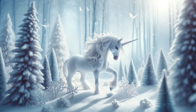 A whimsical winter scene with a unicorn in a snowy landscape. © FantasyLand86