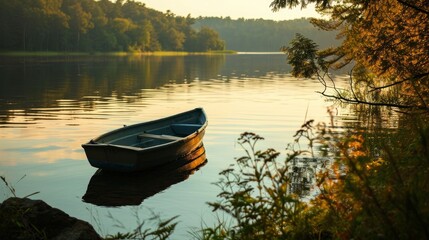 a lakeside retreat at dusk, where a solitary rowboat glides through the tranquil waters, mirroring...