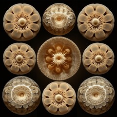 Abstract cymatic formations on black background. Experimental cymatics biomorphic shapes. 