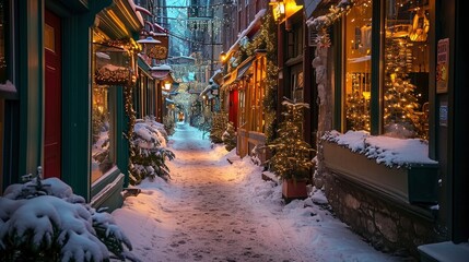 A narrow alley blanketed in freshly fallen snow, the quaint storefronts dressed in festive lights, creating a magical winter scene that whispers of holiday enchantment