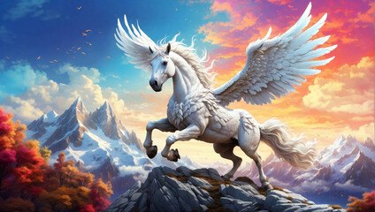A magnificent white Pegasus in a fantasy world - obrazy, fototapety, plakaty