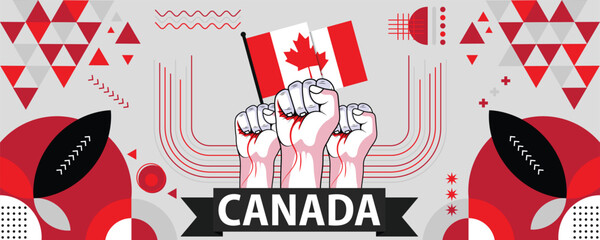 Canada national or independence day banner for country celebration. Flag of Canadian with raised fists. Modern retro design with typorgaphy abstract geometric icons. Vector illustration. - obrazy, fototapety, plakaty