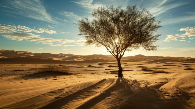 A Solitary Tree Standing Tall In A Vast Desert, Casting A Long Shadow As The Sun Sets Behind The Endless Dunes, Creating A Landscape Of Solitude And Beauty.