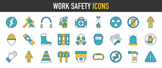 Protection and work safety the workplace icon set. work area safety, icons. Notification and warning of danger. Vector icon collection illustration.
