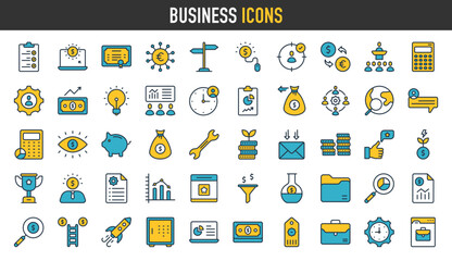 Fototapeta na wymiar Business icons. Business and Finance web icons. Money, bank, contact, teamwork, human resources, meeting, partnership, success, meeting, work group, infographic. Icon collection. Vector illustration. 